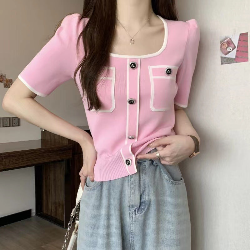 Summer Gold Buckle Sweet Pink Puff Sleeve Square Collar Classic Style Knitwear Women's Top