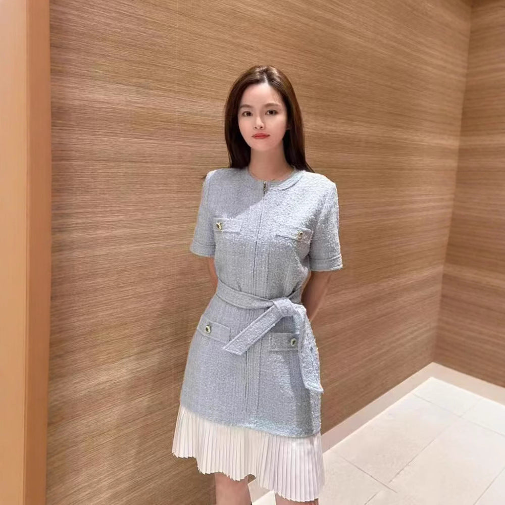 Lace Up Fake Two Pieces Light Blue Stitching Pleated Fashion Dress