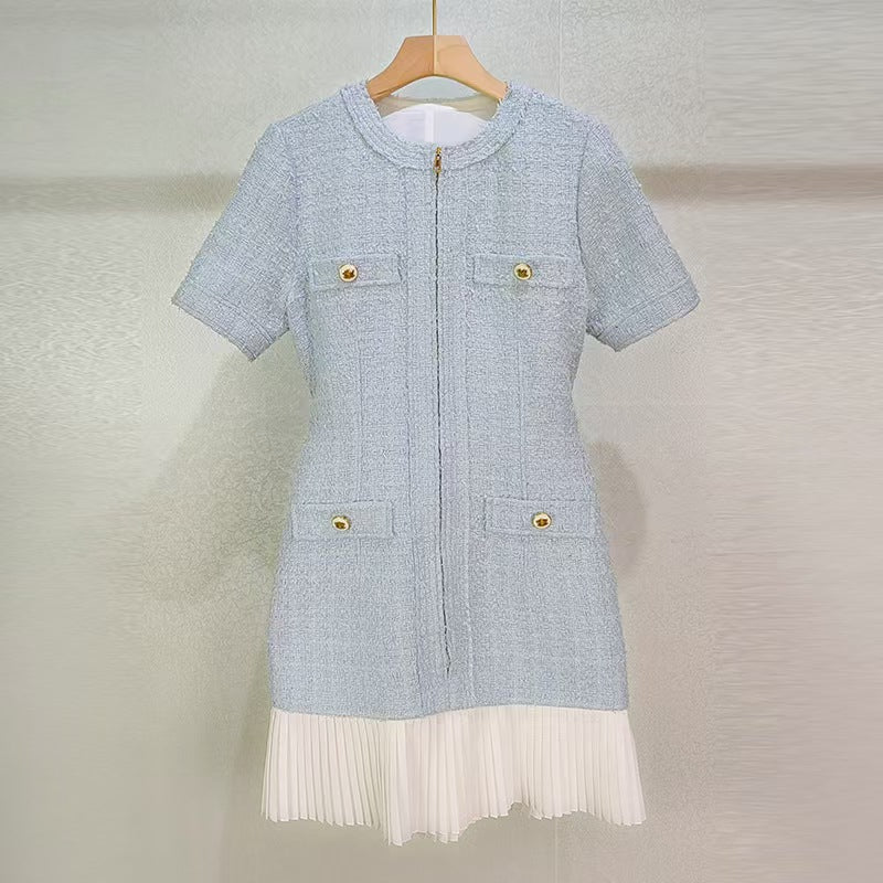 Lace Up Fake Two Pieces Light Blue Stitching Pleated Fashion Dress