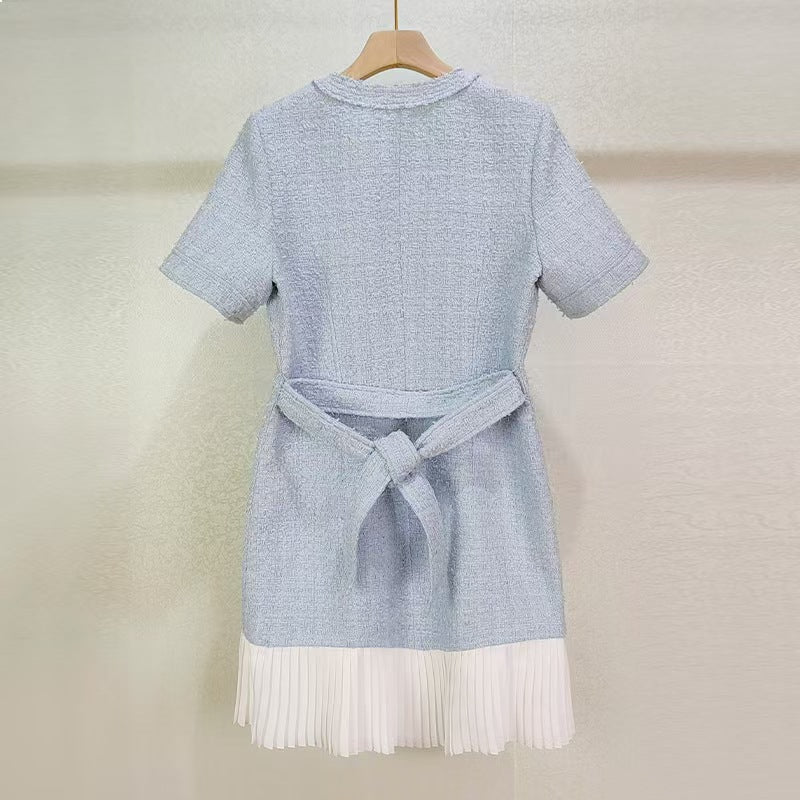 Lace Up Fake Two Pieces Light Blue Stitching Pleated Fashion Dress