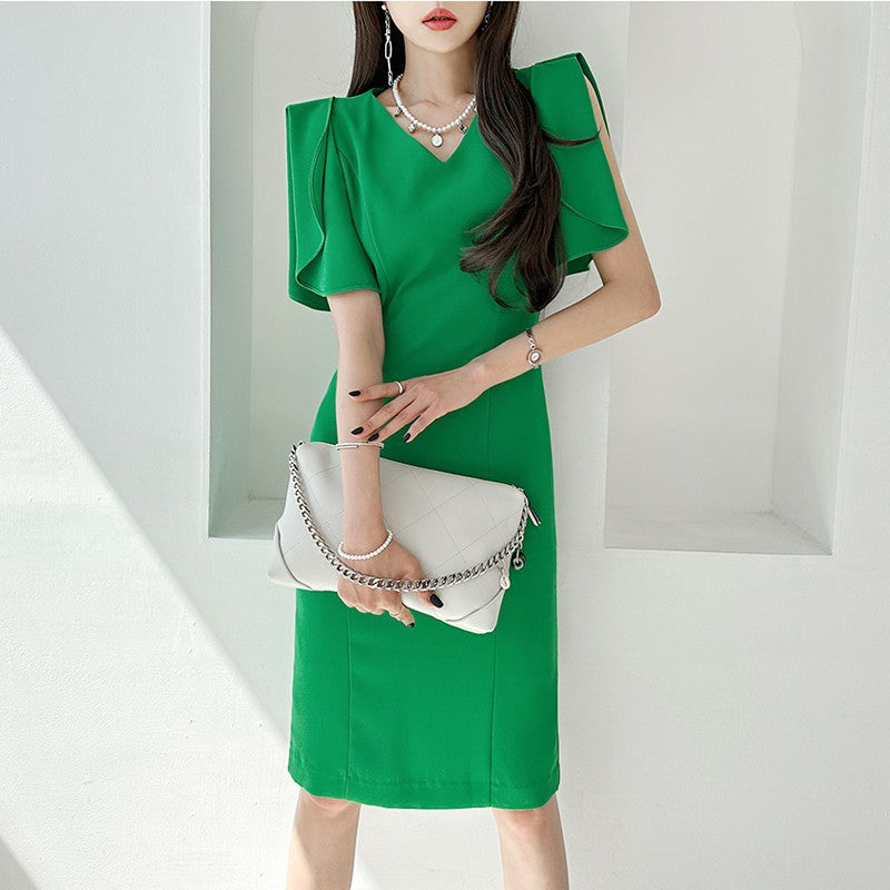 Slim-fit Mid-length V-neck Ruffle Fashion Dress Women