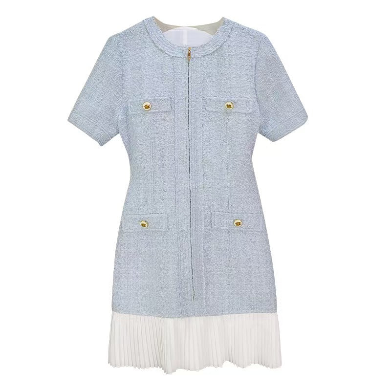 Lace Up Fake Two Pieces Light Blue Stitching Pleated Fashion Dress