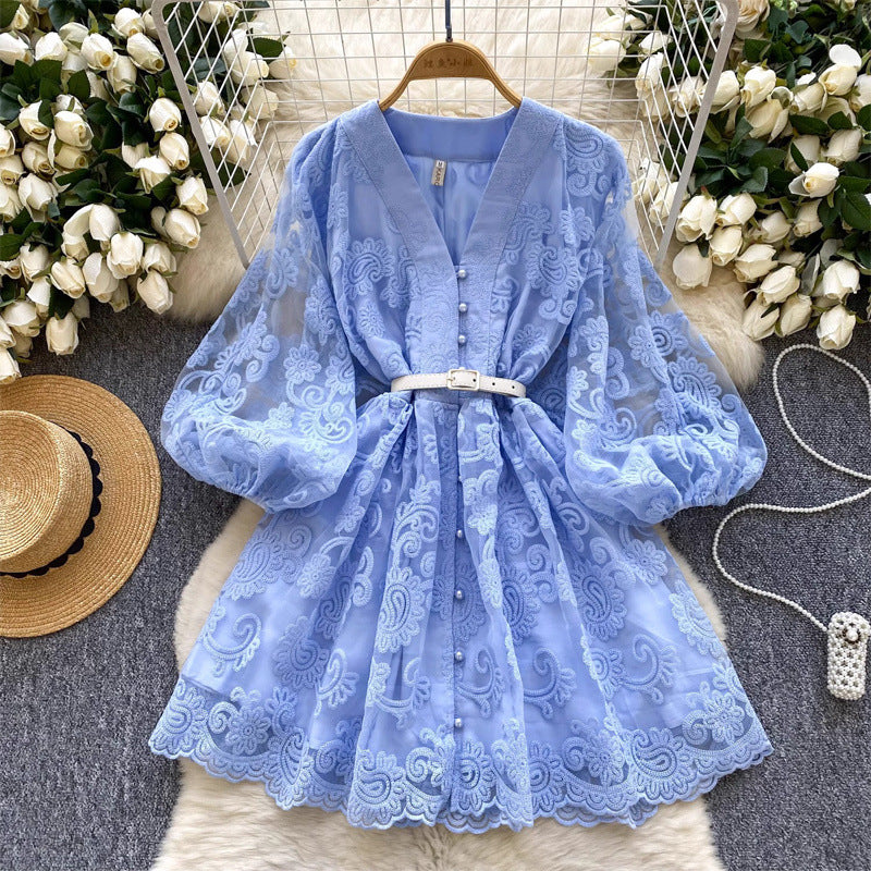 Machine Embroidery Waist Slimming Single-breasted Word Elegant Dress