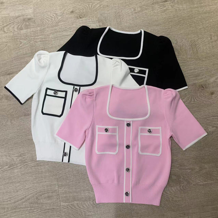 Summer Gold Buckle Sweet Pink Puff Sleeve Square Collar Classic Style Knitwear Women's Top